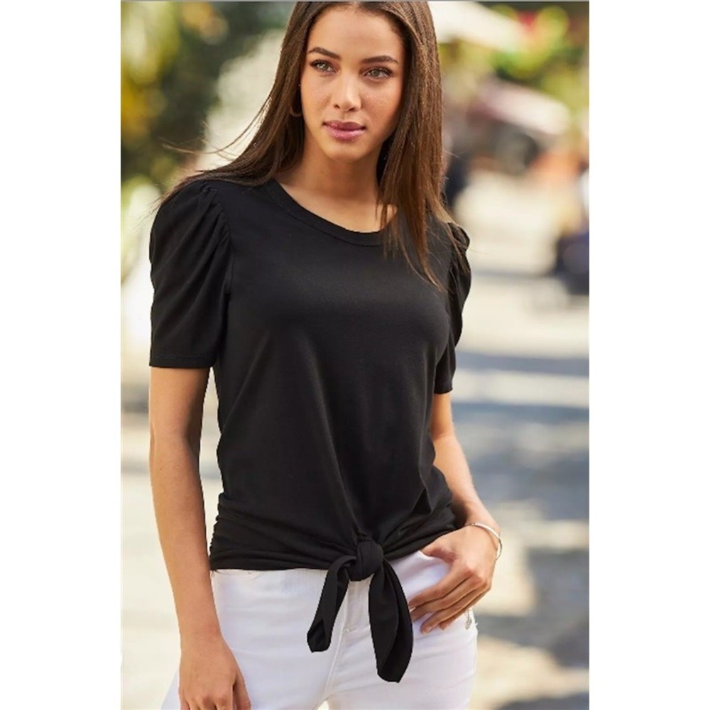 NWOT Boston Proper XS Tie Front Puff Sleeve Tee Black 121954